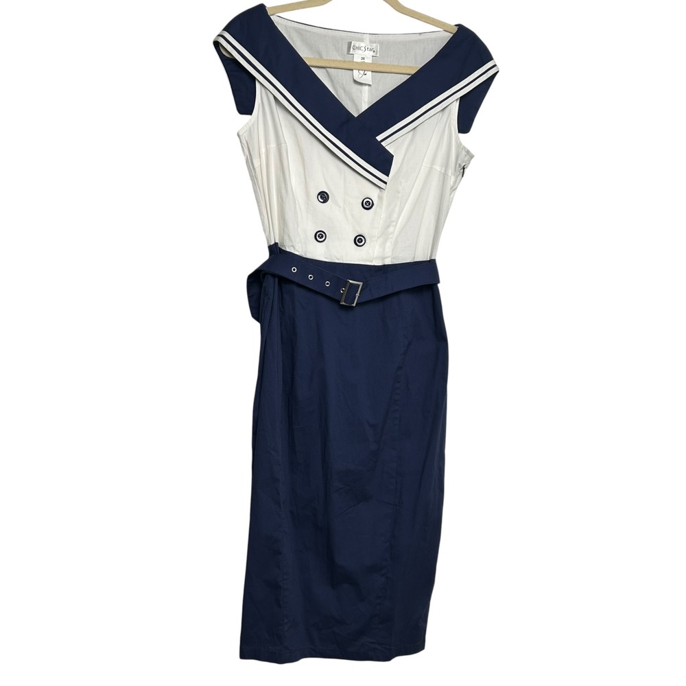 Navy White Sailor Nautical Pinup Rockabilly Belted Midi Dress 38